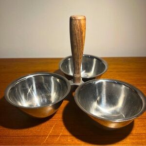 Vintage 18-8 Stainless Steel 3 Bowl mcm Condiment Serving Trio Wood Handle
